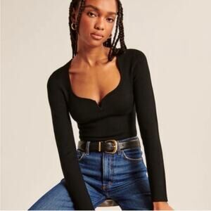 Abercrombie & Fitch black ribbed knit square neck thong back bodysuit. Size XXL